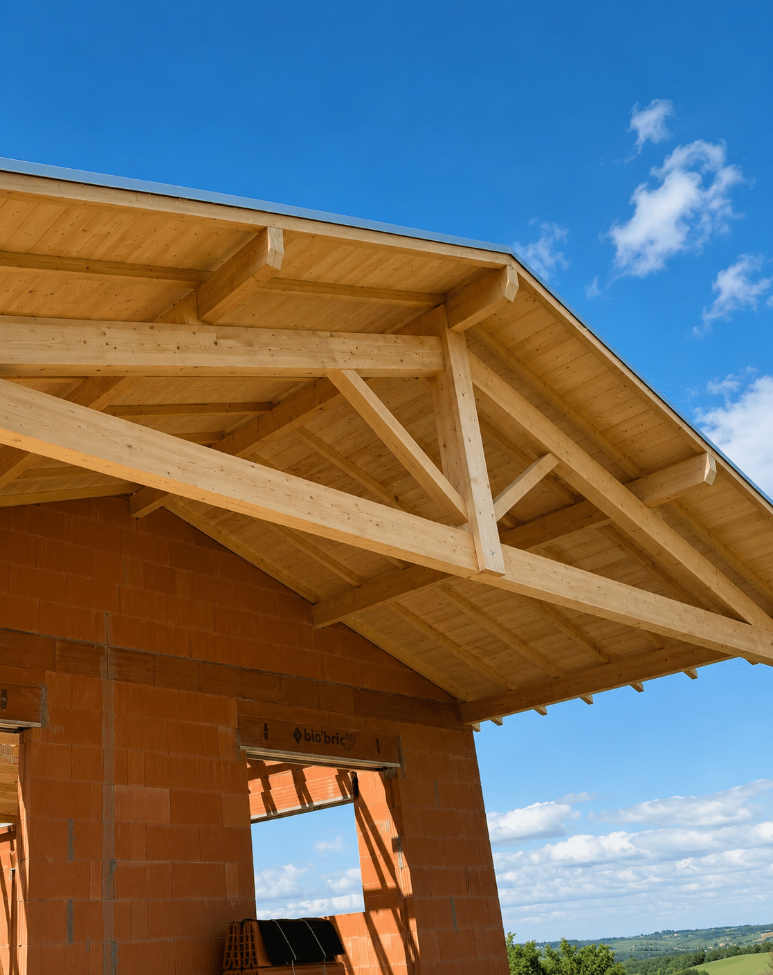 Charpente bois massif et briques bio'bric, maison en construction sous ciel bleu.