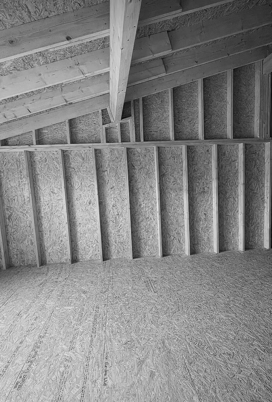 Structure bois, murs et sol en OSB sous charpente apparente.