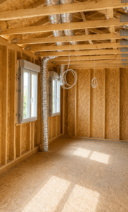 Chantier intérieur bois : murs OSB, ventilation et fenêtres posées sous charpente apparente.