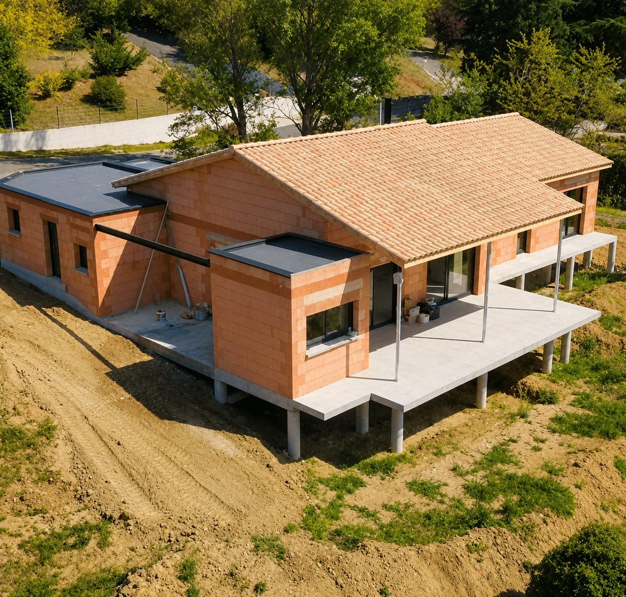 Maison en briques rouges sur pilotis en construction avec toit en tuiles et terrasses sur terrain vallonné.