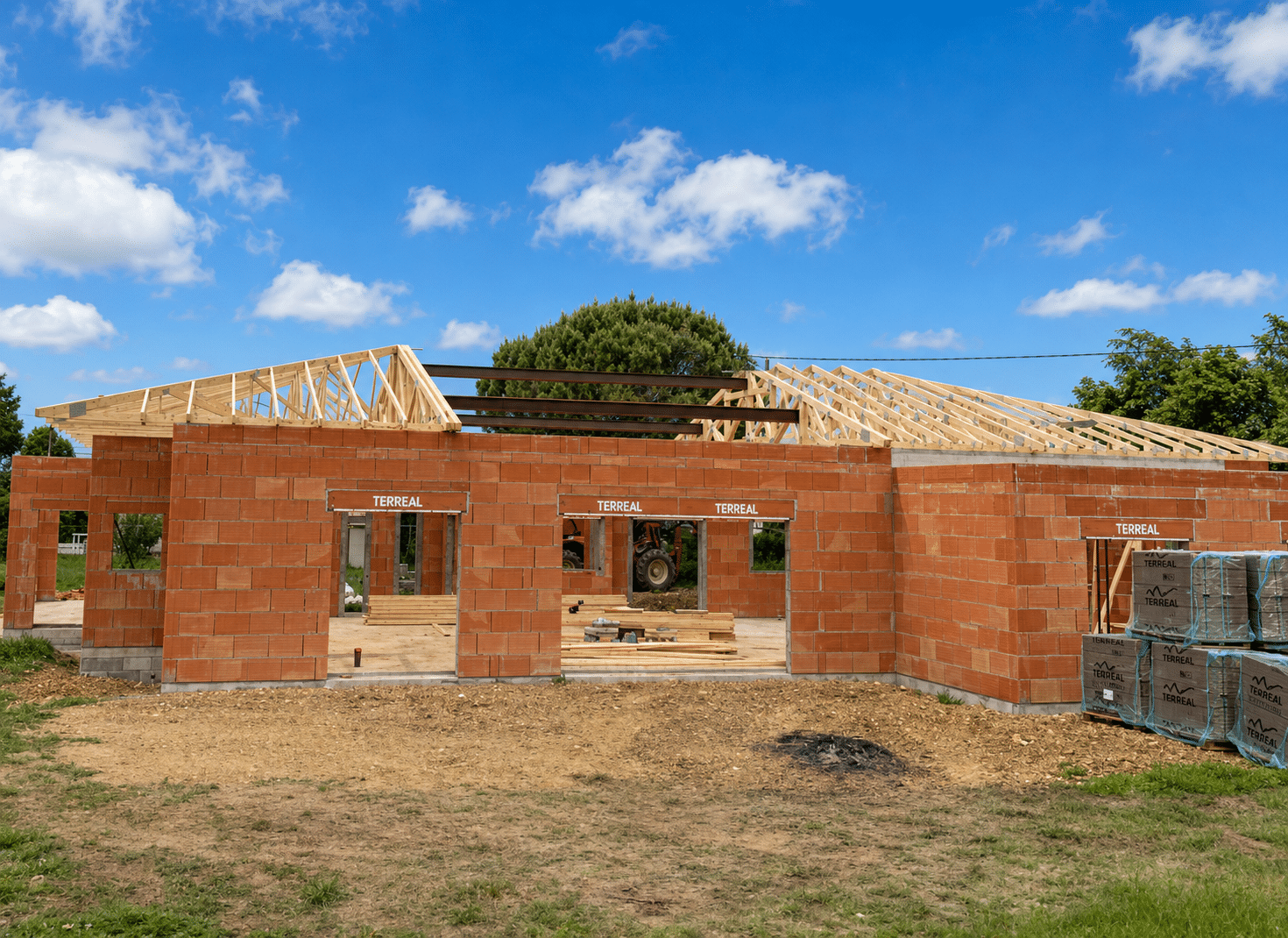 Maison en briques Terreal avec charpente bois et poutres métalliques sous un ciel bleu nuageux.