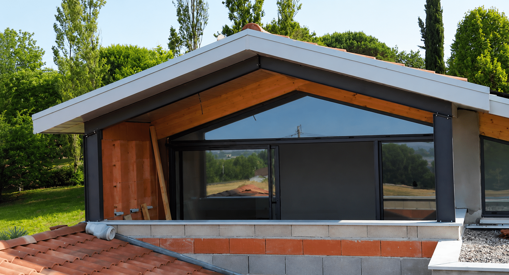 Fenêtre panoramique sous toit en bois et acier, structure en briques de maison en chantier.