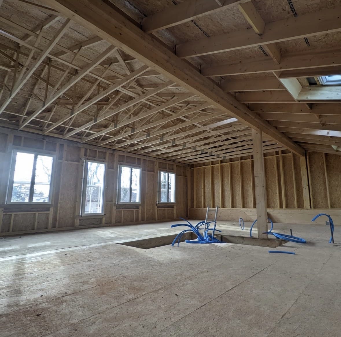 Intérieur d'une construction à ossature bois avec charpente apparente, fenêtres et gaines électriques bleues.