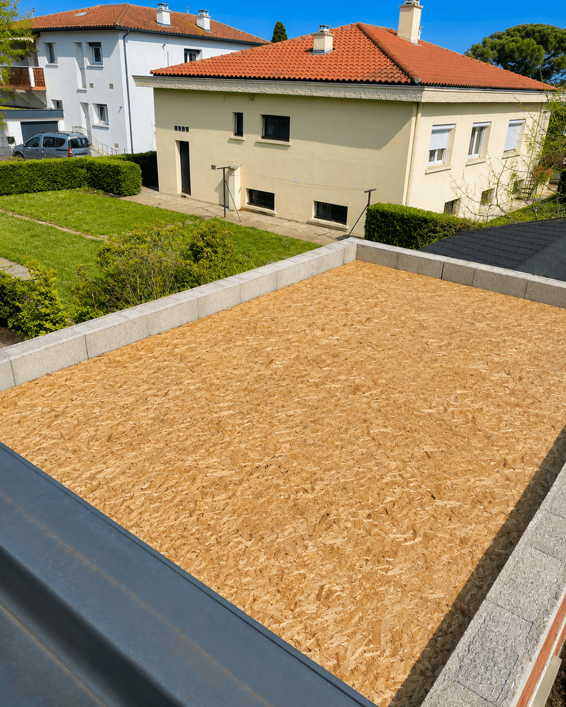Toiture terrasse en panneaux OSB et bordure béton devant une maison.