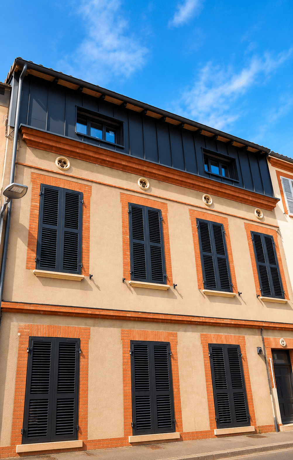 Immeuble beige avec briques rouges et volets noirs sous ciel dégagé.
