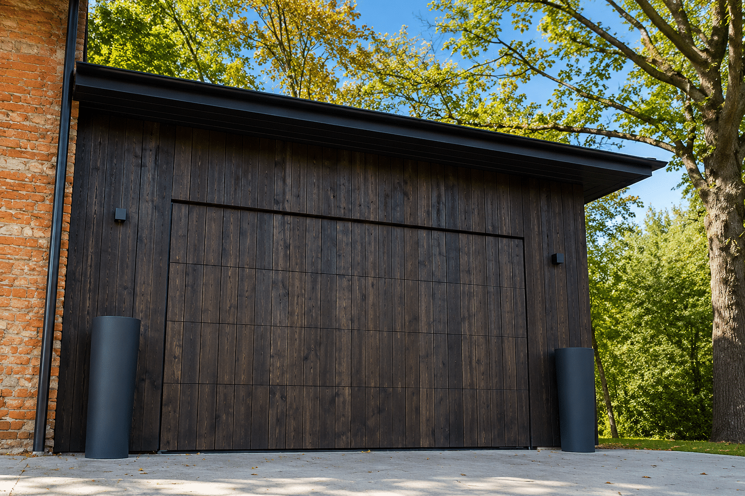 Garage moderne en bois sombre avec porte sectionnelle intégrée, jardinières noires et mur de briques rouges.