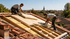 Pose d'isolant thermique par deux couvreurs sur une toiture en tuiles rouges d'une maison de ville.