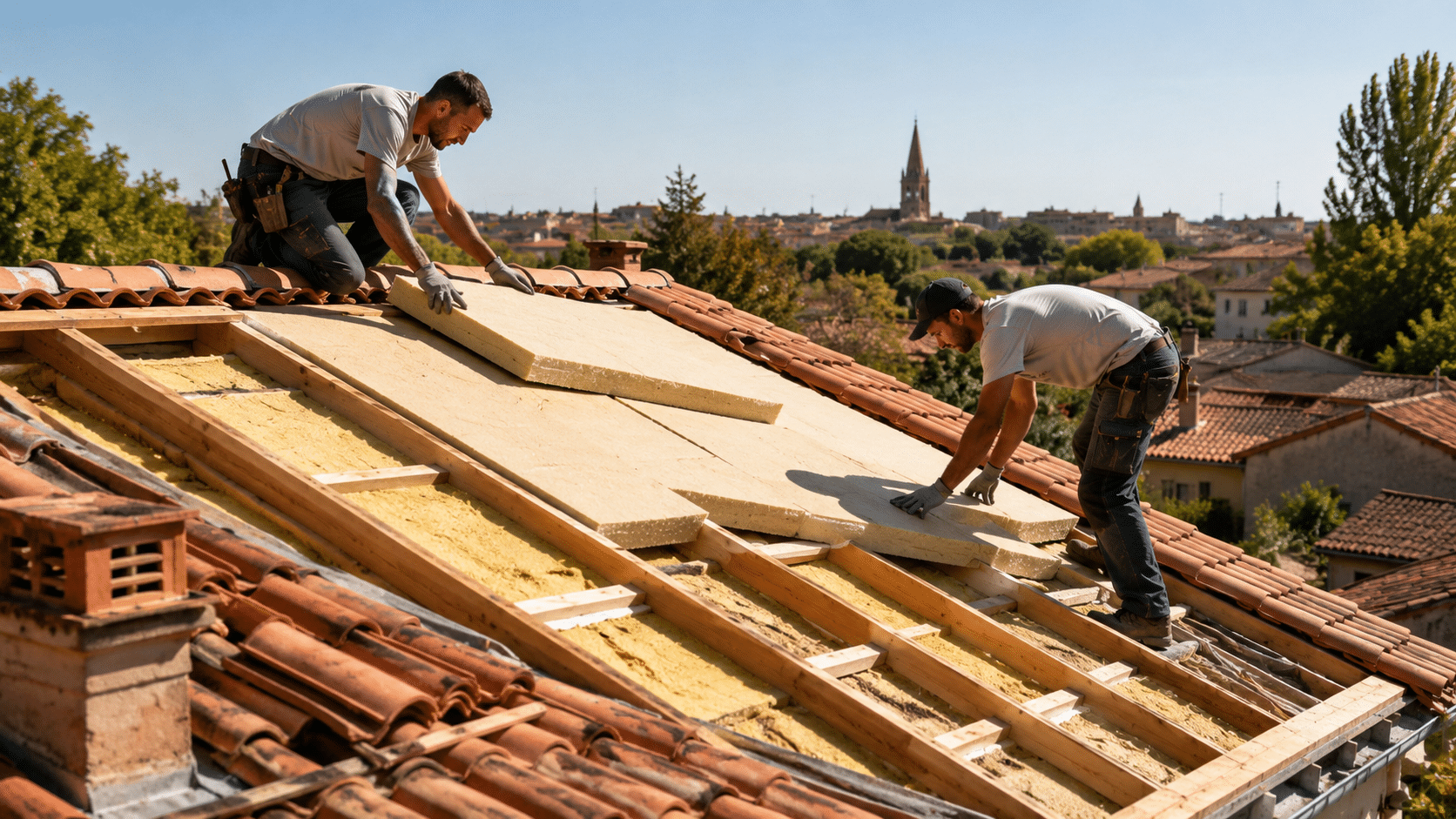 Pose d'isolant thermique par deux couvreurs sur une toiture en tuiles rouges d'une maison de ville.