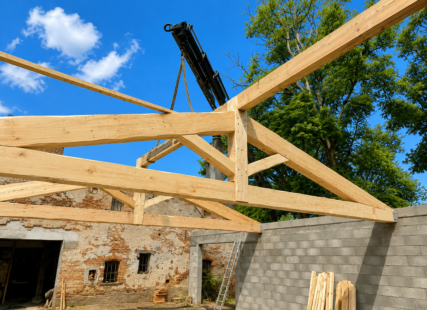 Montage d'une charpente en bois par une grue sur un chantier de rénovation sous un ciel bleu.