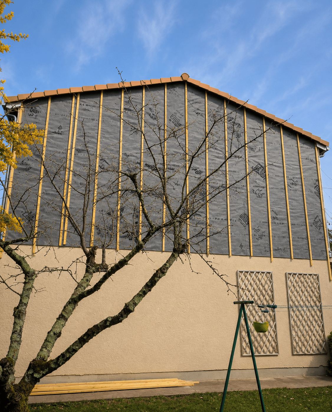 Mur de maison en rénovation avec pare-pluie noir, liteaux en bois et arbre au premier plan sous un ciel bleu.
