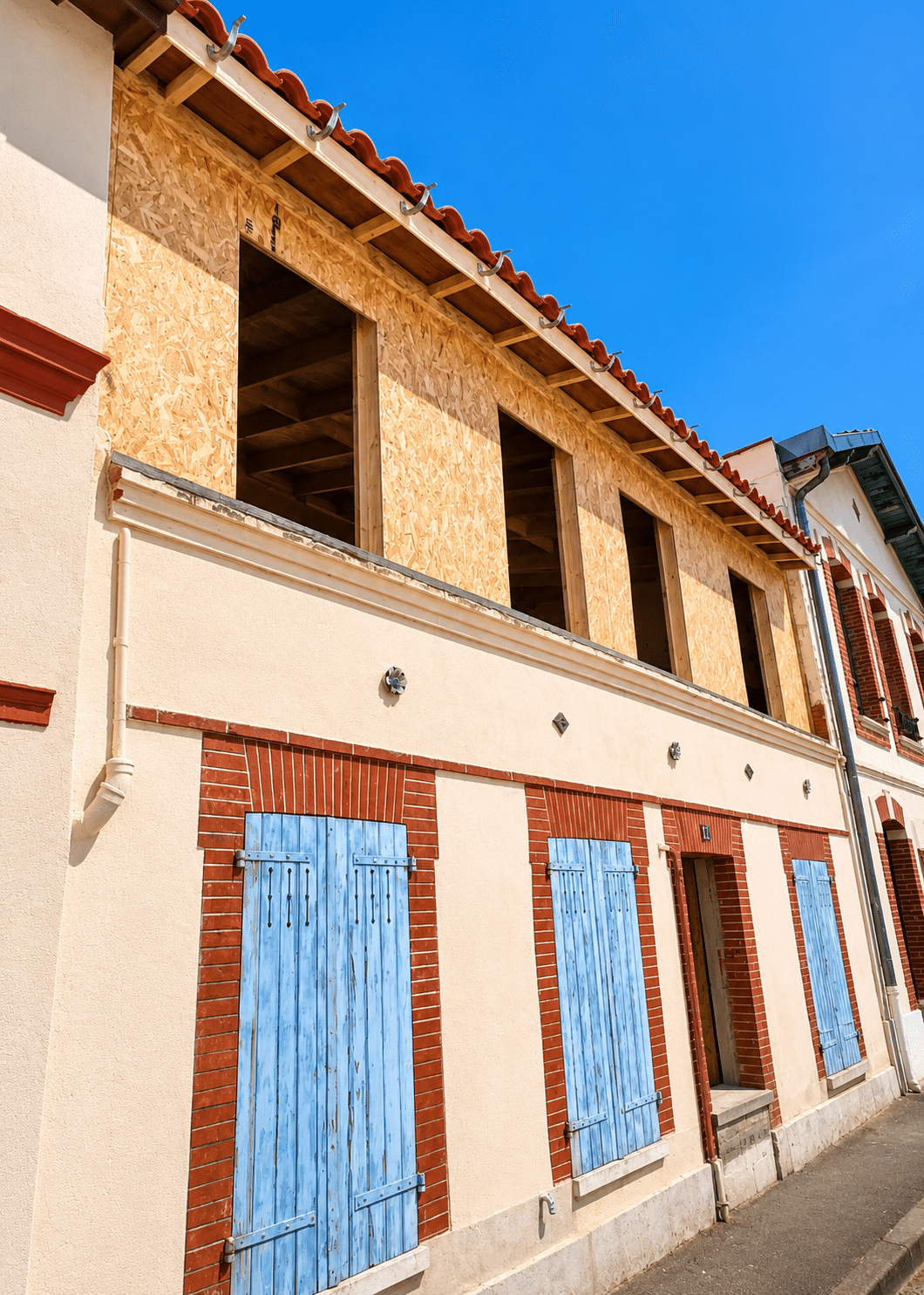 Maison en rénovation avec étage en OSB, volets bleus et parements de briques.