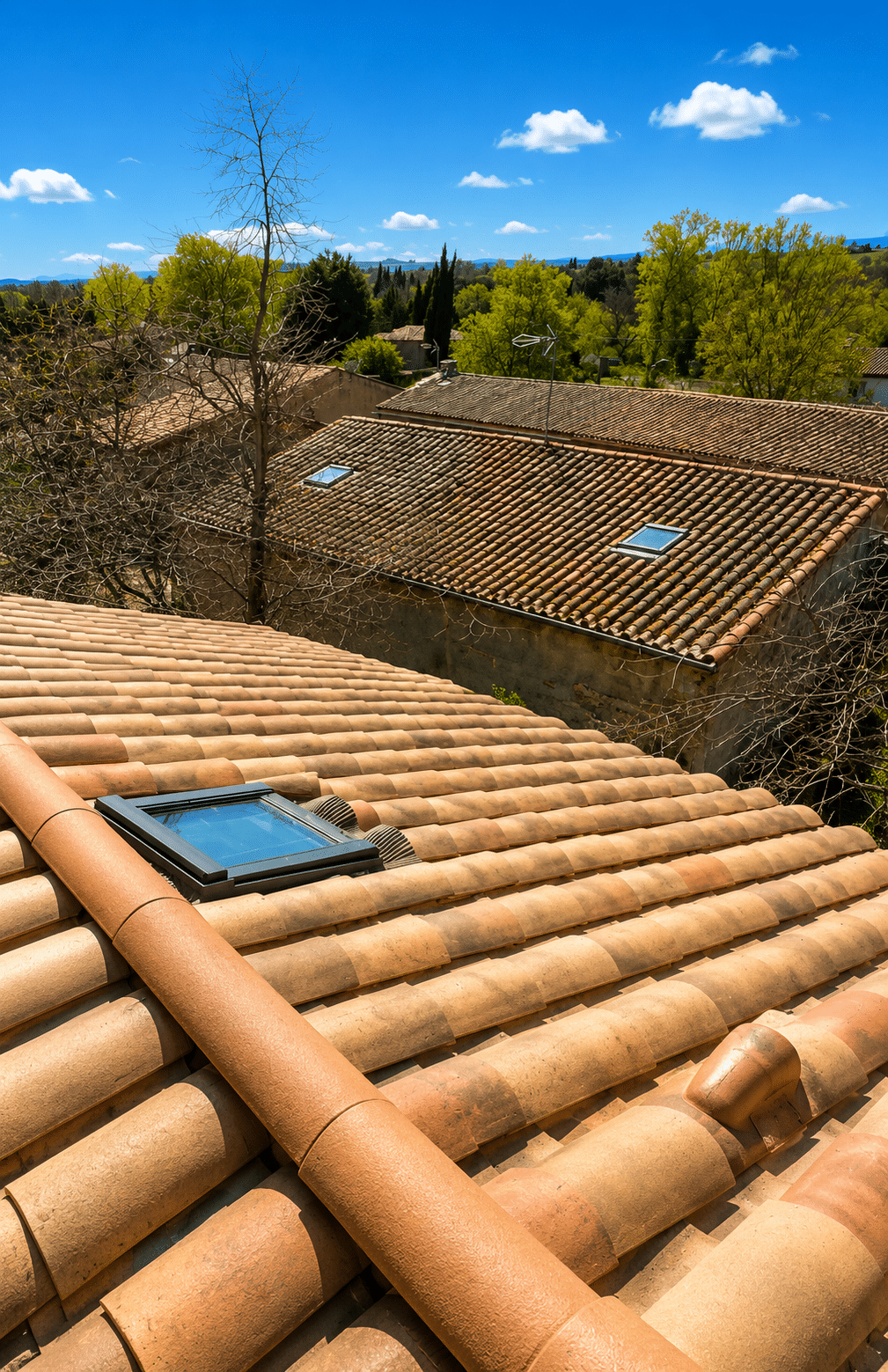 Toiture en tuiles romanes avec fenêtre de toit moderne sous un ciel bleu dans un village méditerranéen.