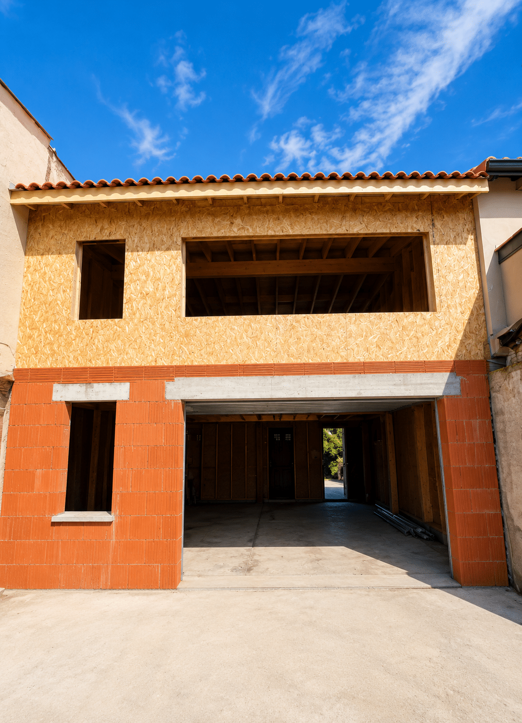 Maison en brique et OSB sous ciel bleu, garage ouvert.