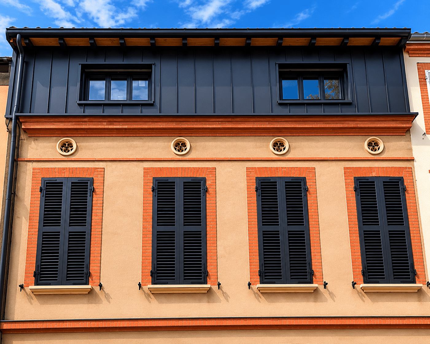 Façade ocre à volets noirs, encadrements briques et extension moderne en métal sombre sous un ciel bleu.