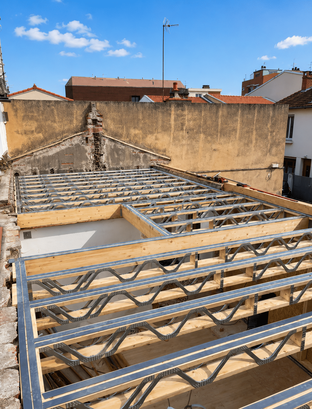 Installation de poutres Posi-Joist en bois et métal pour un plancher sur un chantier de rénovation urbaine.