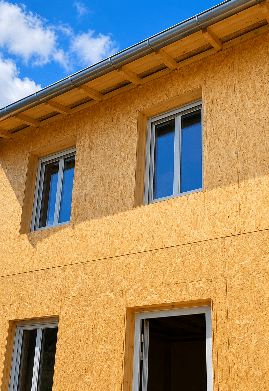 Façade de maison en panneaux OSB avec fenêtres modernes et toiture bois.