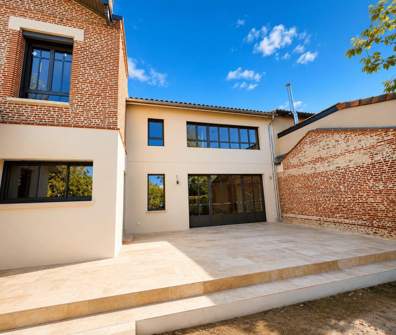 Maison moderne avec terrasse en travertin, façade en brique et menuiseries noires sous un ciel bleu.
